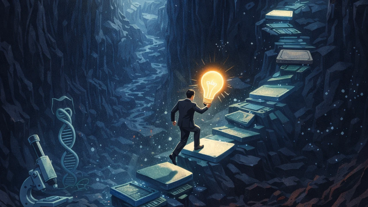 Ilustração sobre deep techs em 2026: ciência, fomento, investimento e escala industrial.