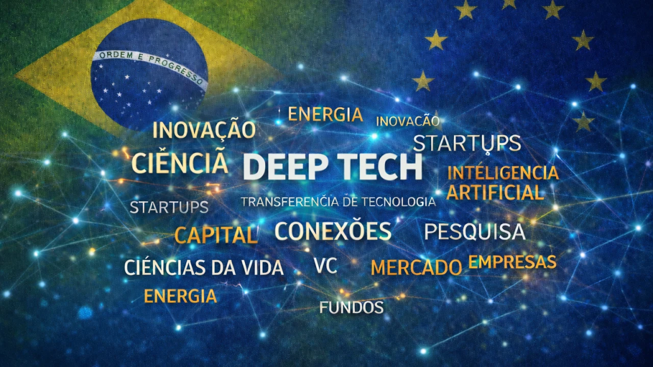 Brasil e União Europeia conectados por ciência, deep tech, inovação, inteligência artificial, capital, universidades, startups e mercado.
