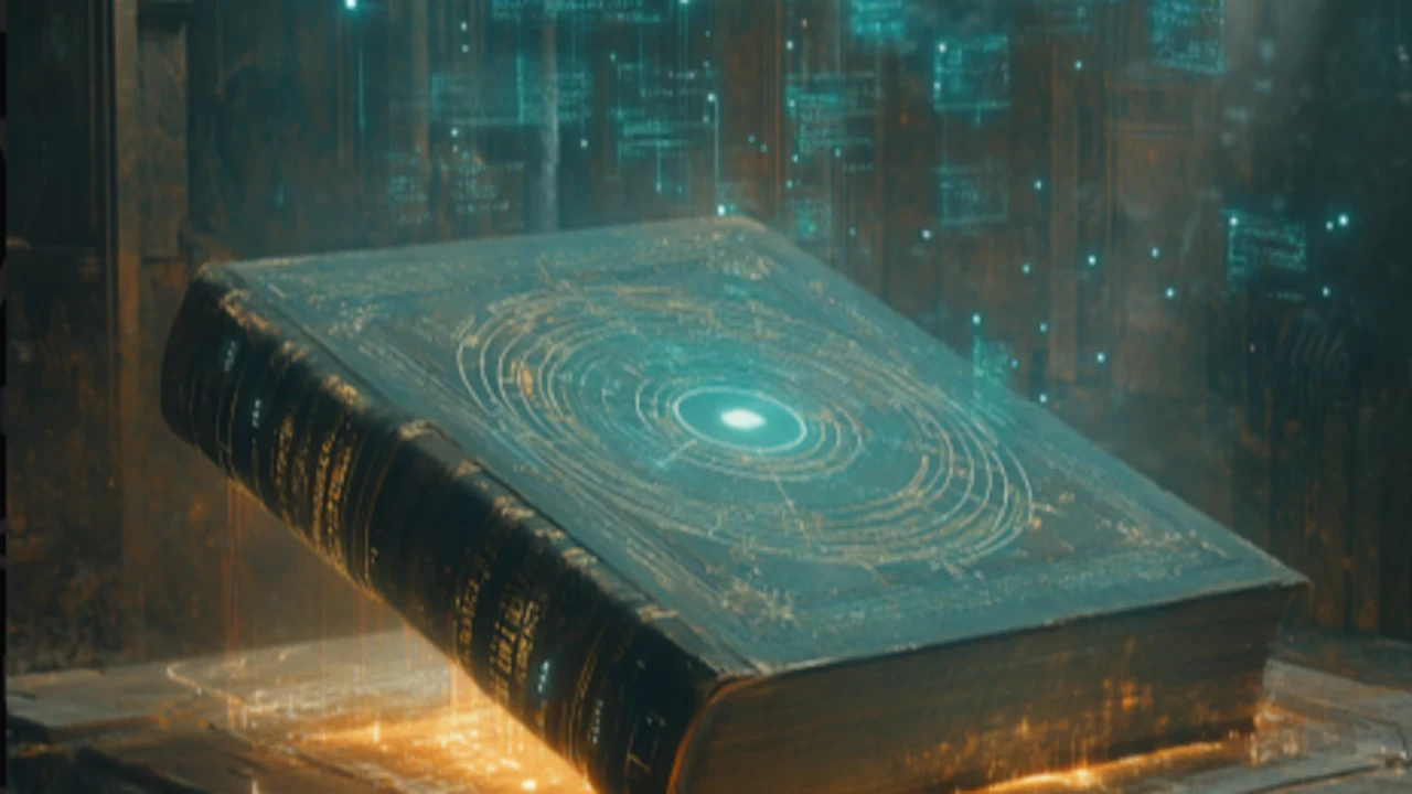Livro tecnológico em um ambiente futurista, representando conhecimento científico, inovação e oportunidades em deep tech.